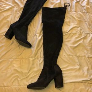 Black suede thigh high boots with 3 inch heel